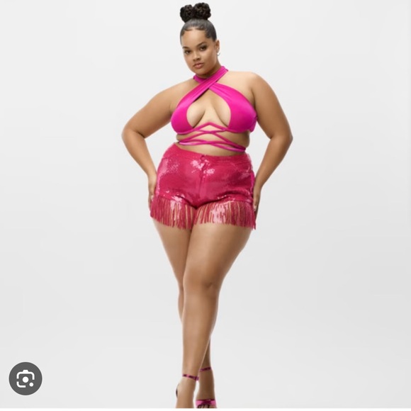 ADIDAS IVY PARK PINK SEQUIN SHORTS WITH FRINGE (PLUS SIZE) SIZE 2X NWT - Picture 2 of 12